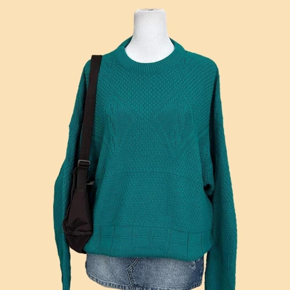 teal geometric vintage 90s chunky cotton knit sweater indie skate grandpa